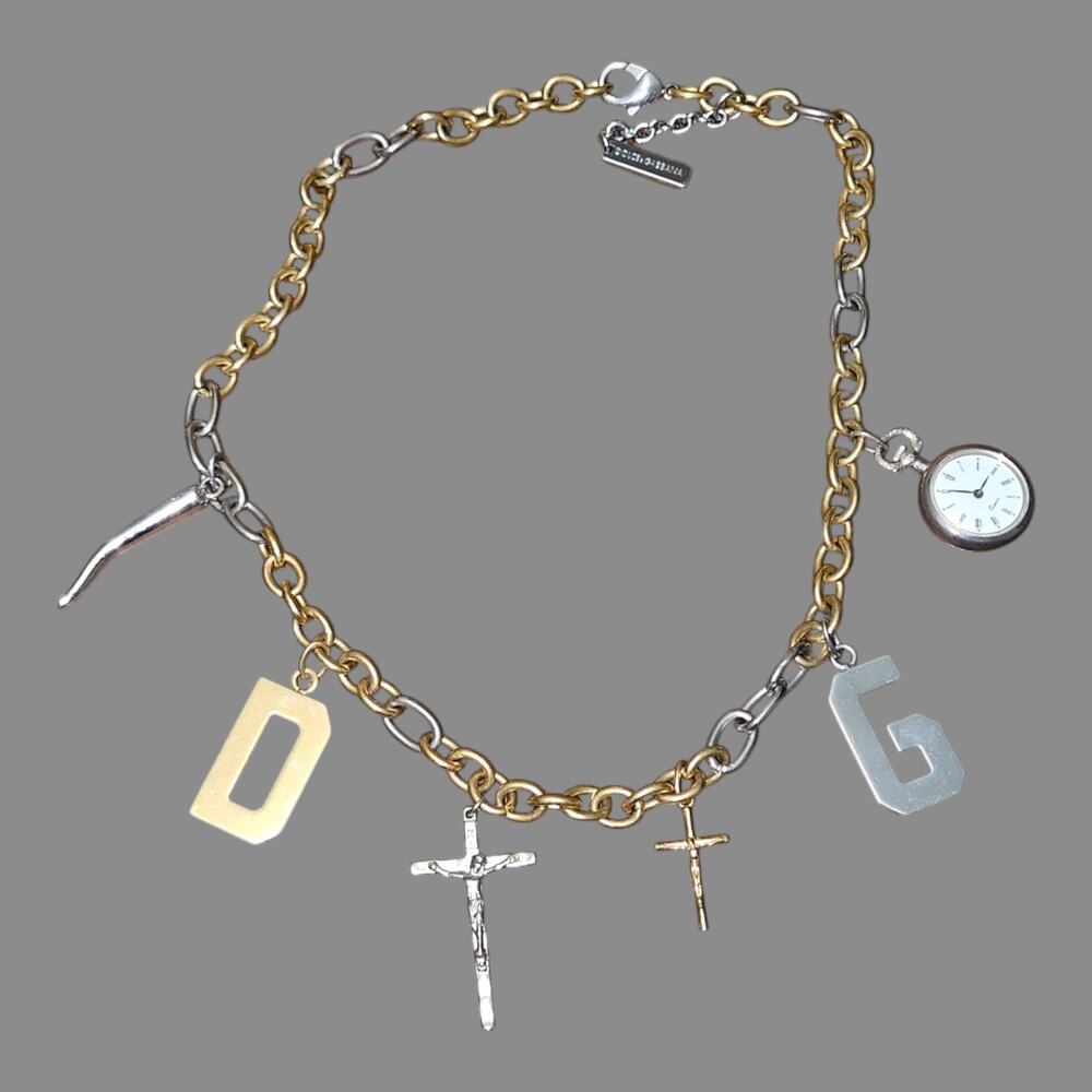 DOLCE & GABBANA D&G Mixed Metal Charm Necklace Cross D G Horn Watch Pendant